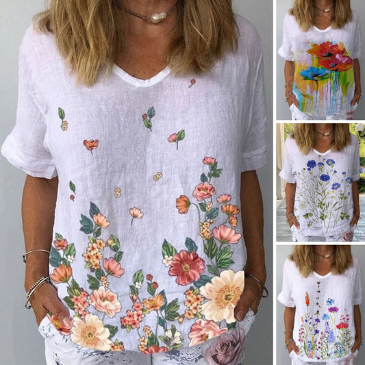 👕【S-5XL】🌈Tričko s krátkym rukávom a kvetinovou potlačou z bavlny a ľanu 