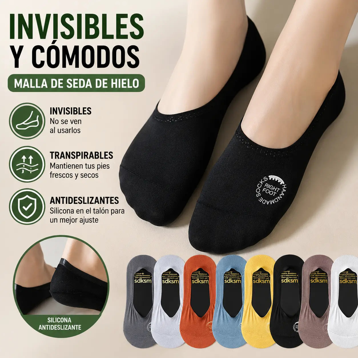 【Compra 4 y llévate 4 gratis】🧦Calcetines cortos invisibles de malla de seda helada transpirables y absorbentes de sudor para verano, antideslizantes y de corte bajo.