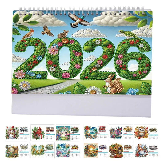 🔥【Zestaw 2 sztuk】🥰🥰 Nowy kalendarz na rok 2026, 13-stronicowy kalendarz, malowanie diamentowe, DIY, ręcznie robione cyrkonie w kropki