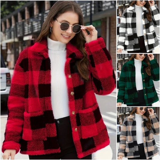 🔥【S-5XL】🐏2025 Nowa damska kurtka casualowa w kratę z pluszu