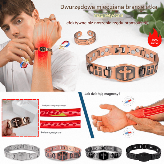 Kup jeden, a drugi dostaniesz gratis 🎁💙 Bransoletka Feraco z krzyżem miedzianym dla mężczyzn, magnetyczna bransoletka lecznicza z 46 magnesami – 99,99% czystej miedzi