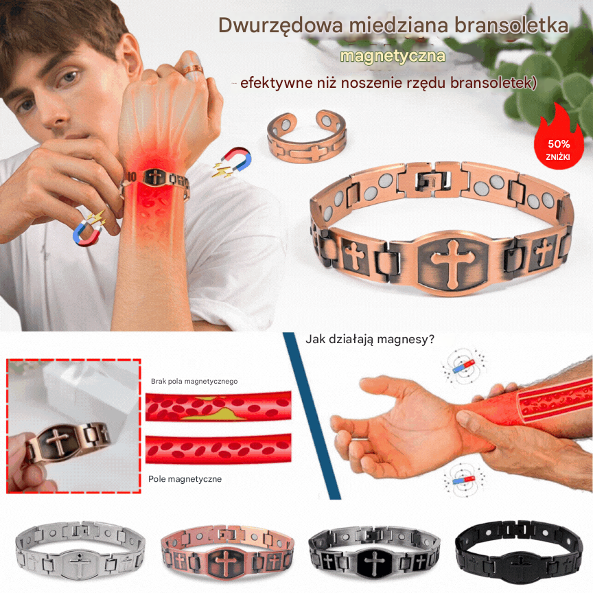 Kup jeden, a drugi dostaniesz gratis 🎁💙 Bransoletka Feraco z krzyżem miedzianym dla mężczyzn, magnetyczna bransoletka lecznicza z 46 magnesami – 99,99% czystej miedzi