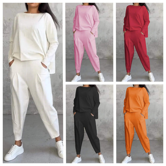 💥50% zľava časovo obmedzená💖【S-5XL】 Súprava topu s dlhým rukávom a dlhých nohavíc s okrúhlym výstrihom 
