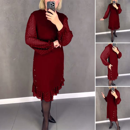 🔥👗【S～5XL】Nové módní ležérní jednobarevné šaty s dlouhým rukávem a širokým volánem