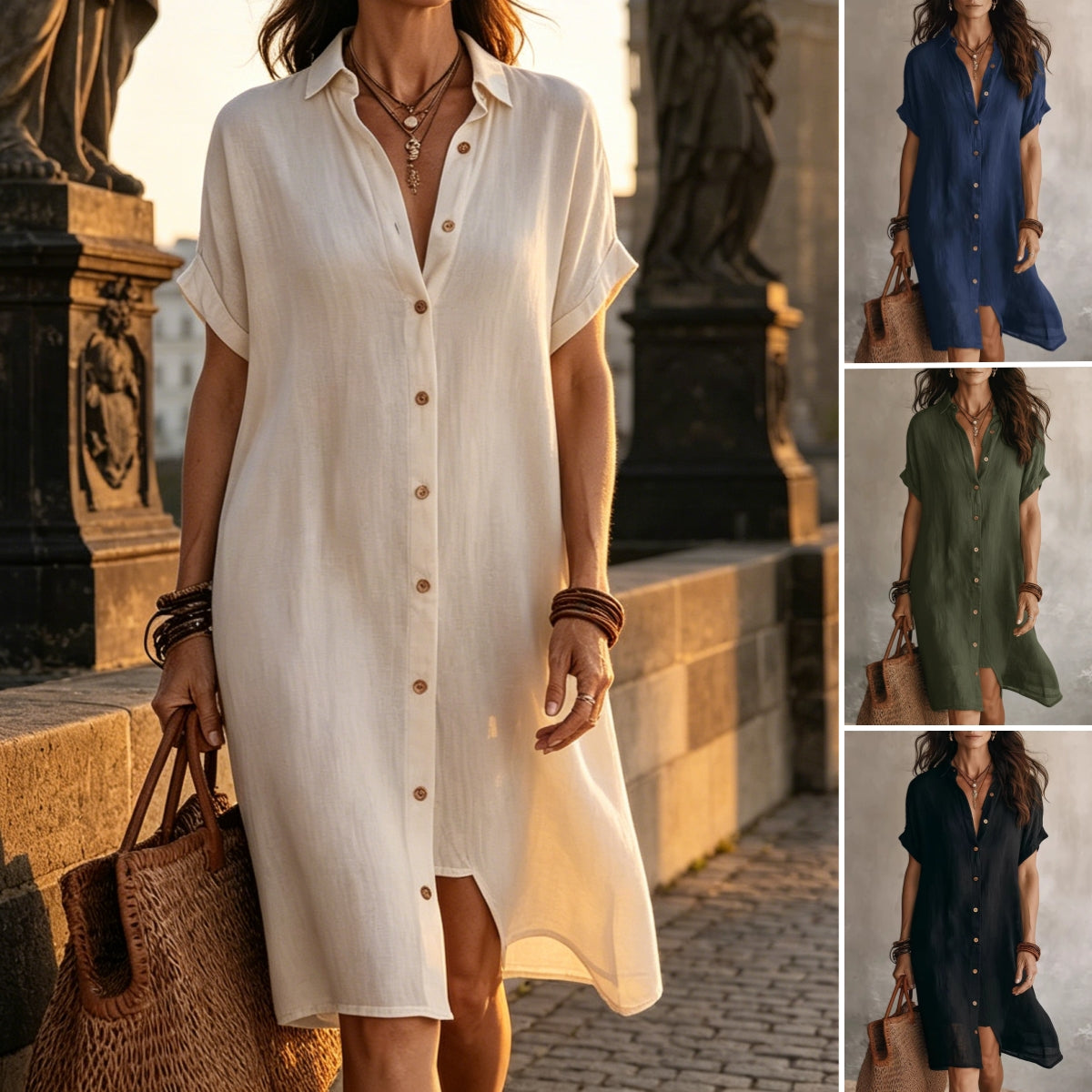 ✨✨ Poslední den slevy 50 %!【S-3XL】Letní pohodlné a elegantní lněno-bavlněné šaty s výstřihem do V, prodyšné a snadno kombinovatelné.