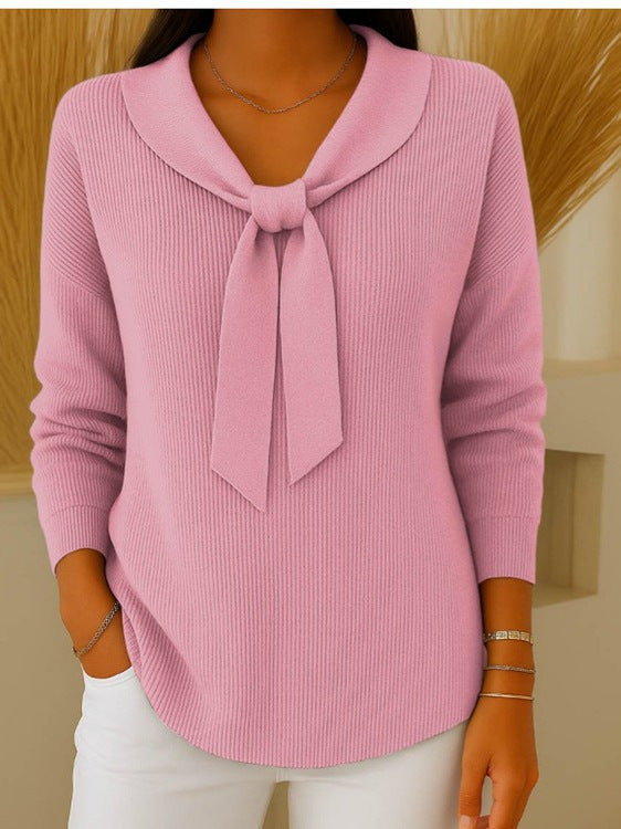 【S~5XL】Sweter damski w jednolitym kolorze z wiązaniem i długim rękawem, swobodny i luźny
