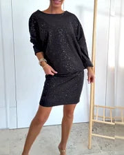 【S-3XL】Stylowa sukienka z okrągłym dekoltem, ozdobiona delikatnymi cekinami