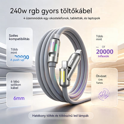 🔥【2 db csak 8700 lábért】🔥 (2 m hosszú) 4 az 1-ben PD 240W gyorstöltő kábel – Támogatja az USB-C, Lightning és USB-A gyorstöltést, alumíniumötvözetből és szilikonból készült, támogatja az adatszinkronizálást ⚡📱