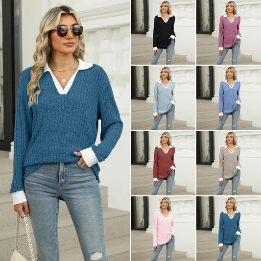 【S-2XL】Nový dámsky top s dlhým rukávom a klopou vo voľnom prevedení na jeseň/zimu s farebnými blokmi