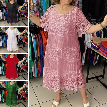 ❤️[S-5XL] Nowa koronkowa sukienka z okrągłym dekoltem i krótkim rękawem