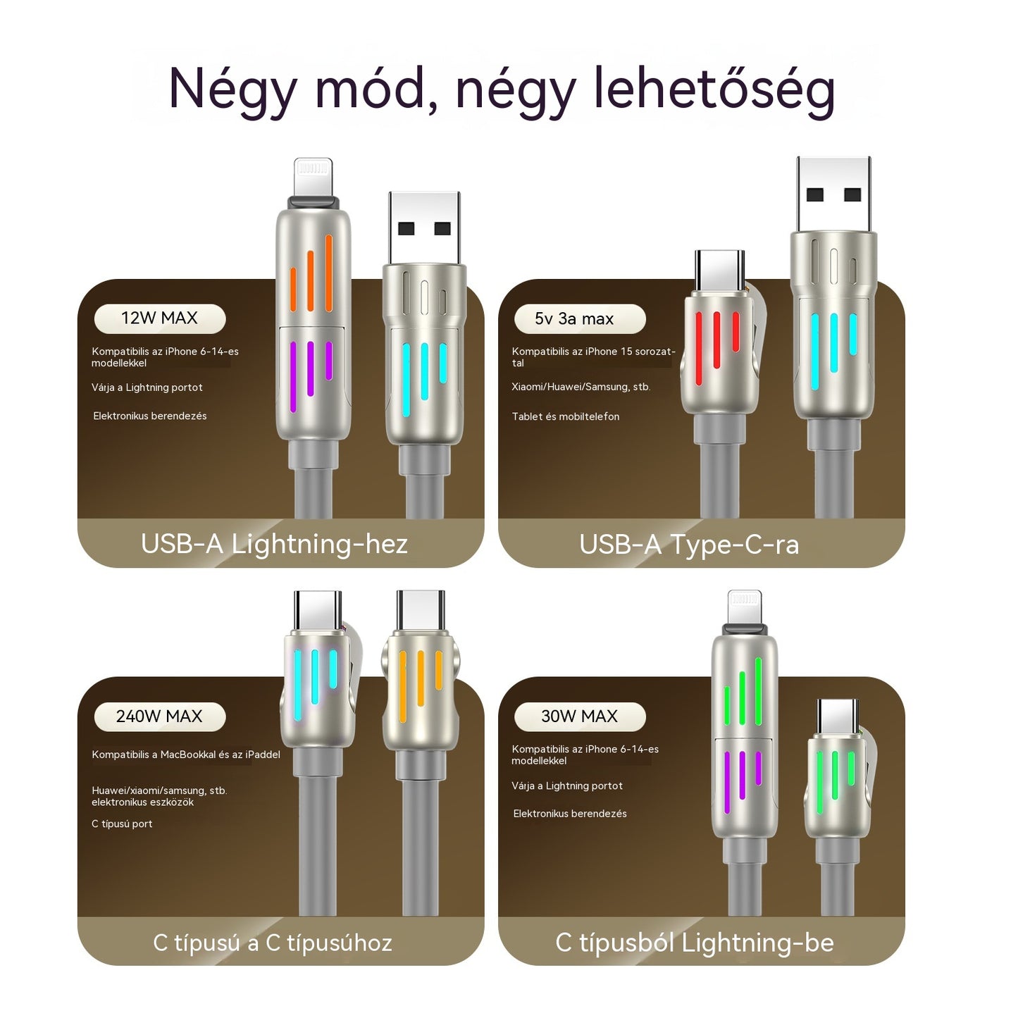 🔥【2 db csak 8700 lábért】🔥 (2 m hosszú) 4 az 1-ben PD 240W gyorstöltő kábel – Támogatja az USB-C, Lightning és USB-A gyorstöltést, alumíniumötvözetből és szilikonból készült, támogatja az adatszinkronizálást ⚡📱