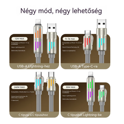 🔥【2 db csak 8700 lábért】🔥 (2 m hosszú) 4 az 1-ben PD 240W gyorstöltő kábel – Támogatja az USB-C, Lightning és USB-A gyorstöltést, alumíniumötvözetből és szilikonból készült, támogatja az adatszinkronizálást ⚡📱
