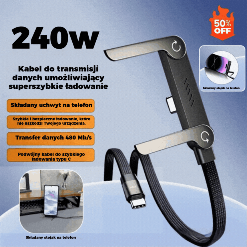🔥Kup 1, a drugi dostaniesz gratis!🔥⚡Kabel do szybkiego ładowania 2 w 1 z regulowanym uchwytem na telefon🔋