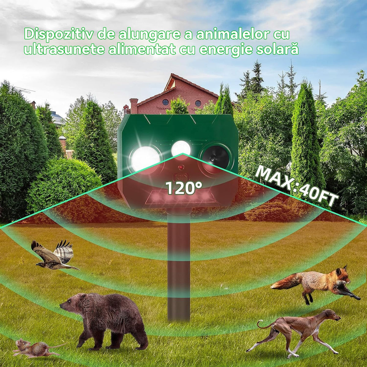 【🔥Kup 1, otrzymaj 1 gratis】🔥Zasilany energią słoneczną zewnętrzny ultradźwiękowy odstraszacz ptaków z dwoma klaksonami i migającymi światłami