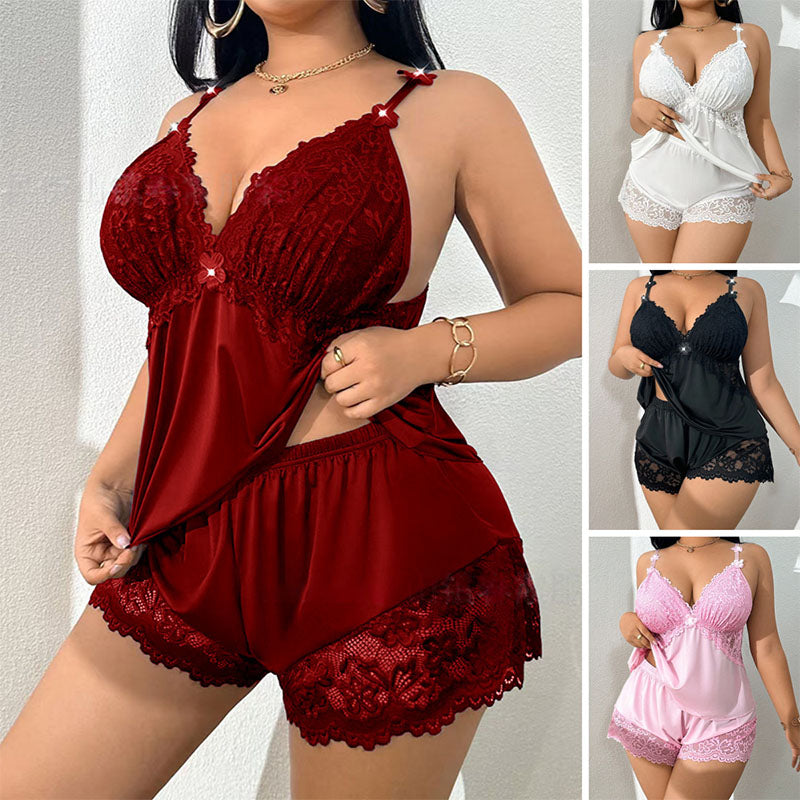 👗【S-3XL】✨ Pyžamový set: Top bez rukávů a krajkové kraťasy — nastavitelná ramínka a výstřih do V
