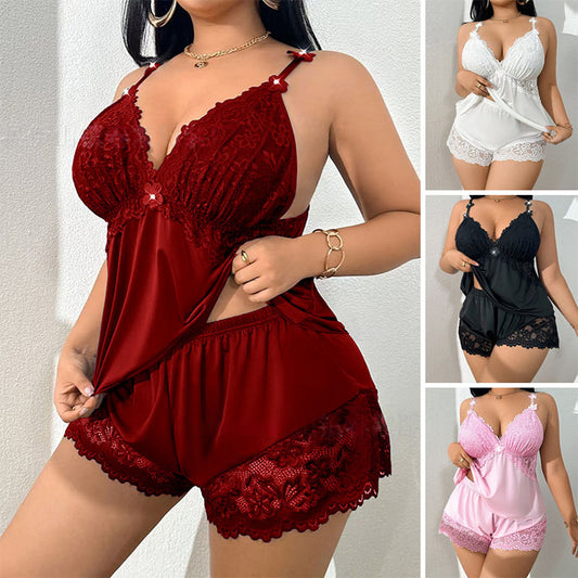 👗【S-3XL】✨ Pyžamový set: Top bez rukávů a krajkové kraťasy — nastavitelná ramínka a výstřih do V
