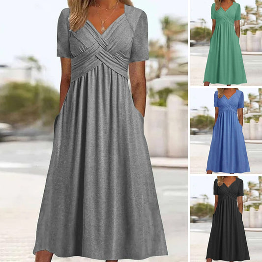 🔥 Sukienka Pure Color Casual Fashion o średniej długości【S-3XL】