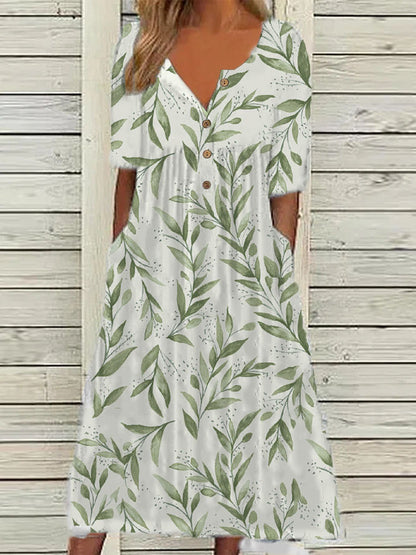 👗👗Tavaszi új, népszerű nyomott V nyakú rövid ujjú ruha