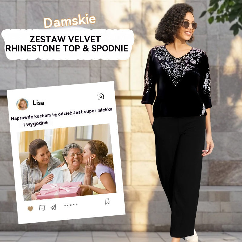 🌟🔥 【50% zniżki】💜Aksamitny damski komplet top i spodnie z kryształkami