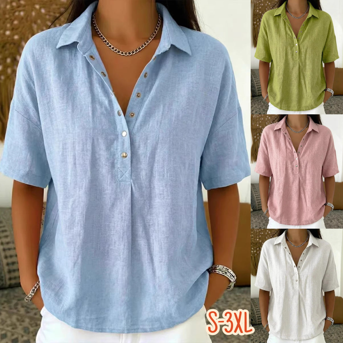 ⏳ Ostatni dzień, 50% zniżki! ✨【S-3XL】Damska koszula z bawełny i lnu z krótkim rękawem, dopasowany krój, uniwersalna, przewiewna, wygodna i bezproblemowa.