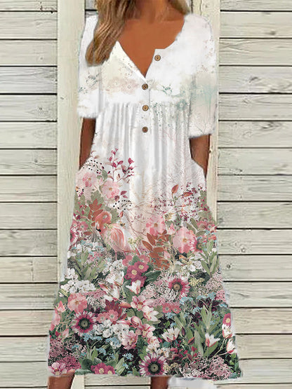 👗👗Tavaszi új, népszerű nyomott V nyakú rövid ujjú ruha