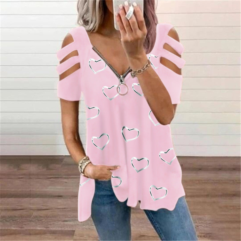 🔥【S-5XL】Nyári pop-up V-nyakú szerelem nyomtatás cipzáras alkalmi póló