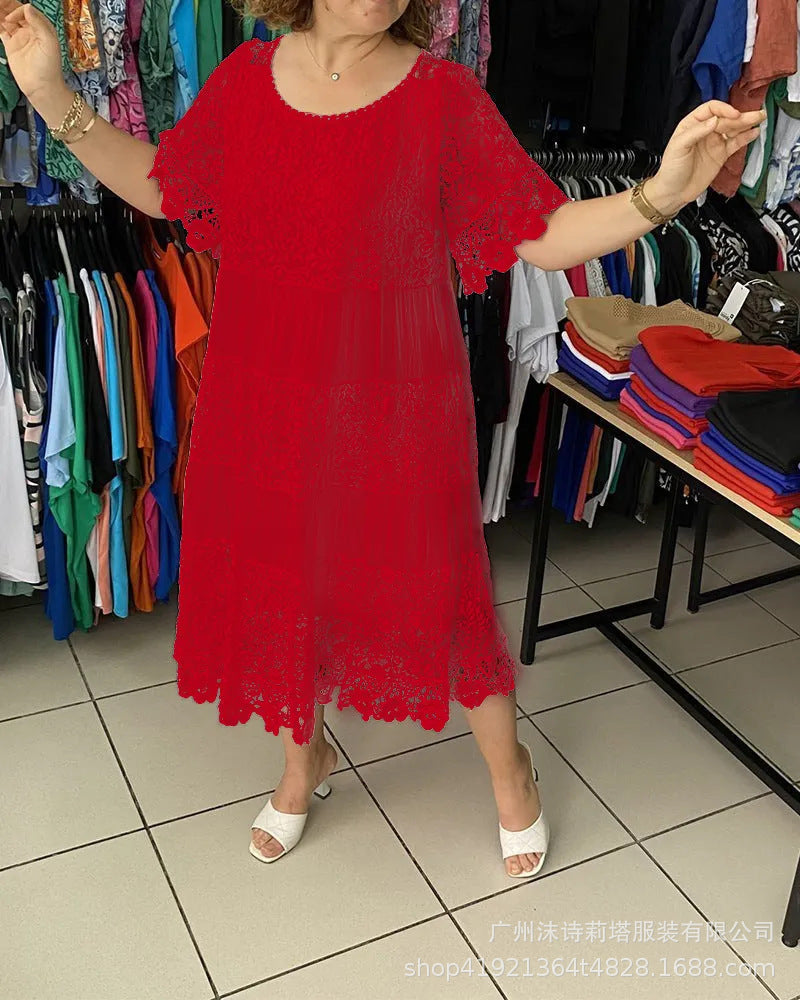 ❤️[S-5XL] Nowa koronkowa sukienka z okrągłym dekoltem i krótkim rękawem