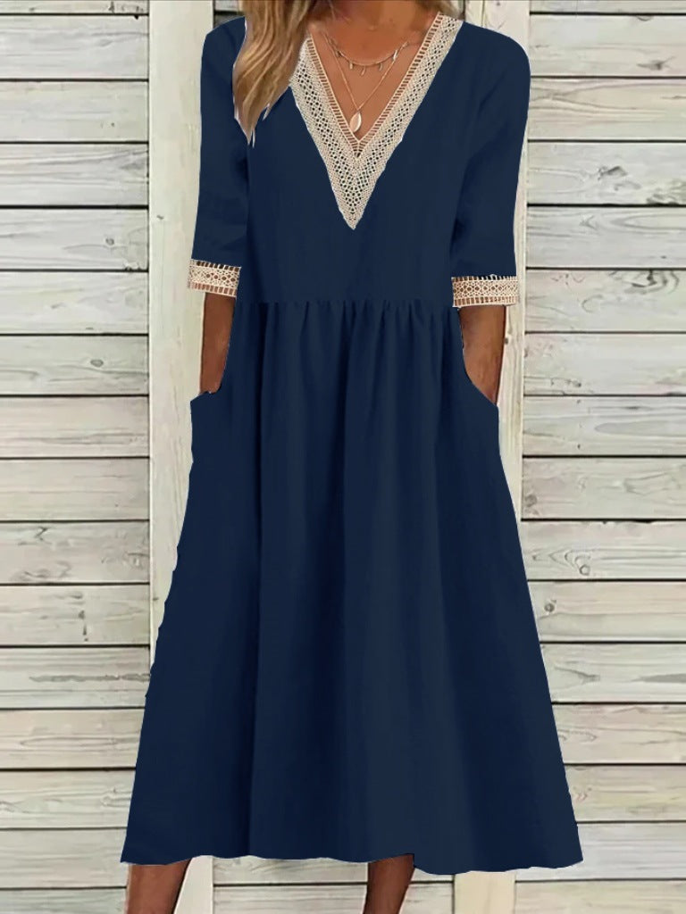 👗【S-2XL】Nové bavlněno-lněné šaty s výstřihem do V, prodyšné, pohodlné a zeštíhlující
