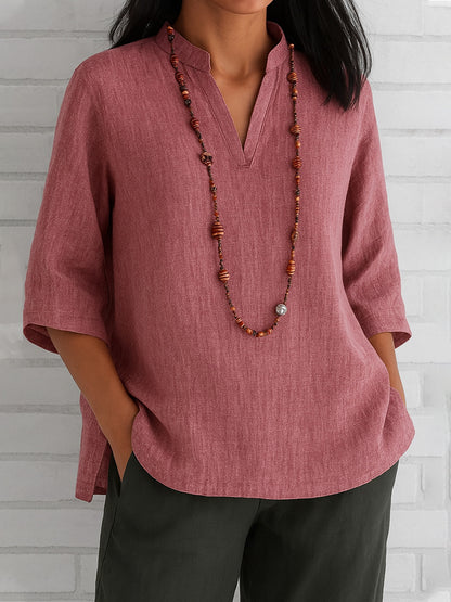 Nuevo estilo de verano: camisa informal holgada de algodón y lino con cuello en V y manga tres cuartos.