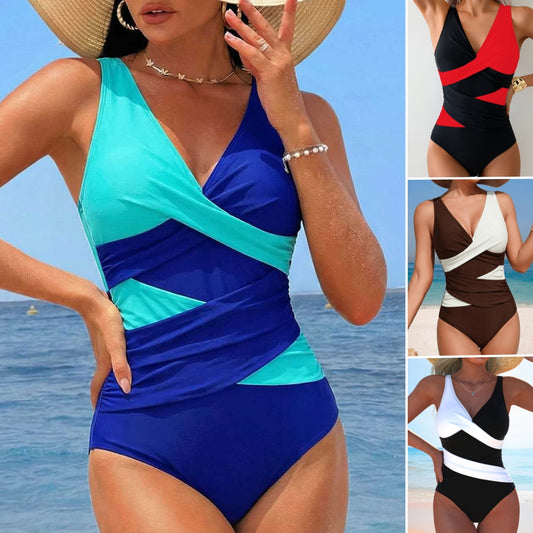 🏖️Časově omezená sleva 50 % 【S–2XL】Stylové rychleschnoucí jednodílné plavky, prodyšné a pohodlné, barevný blokový design s potiskem