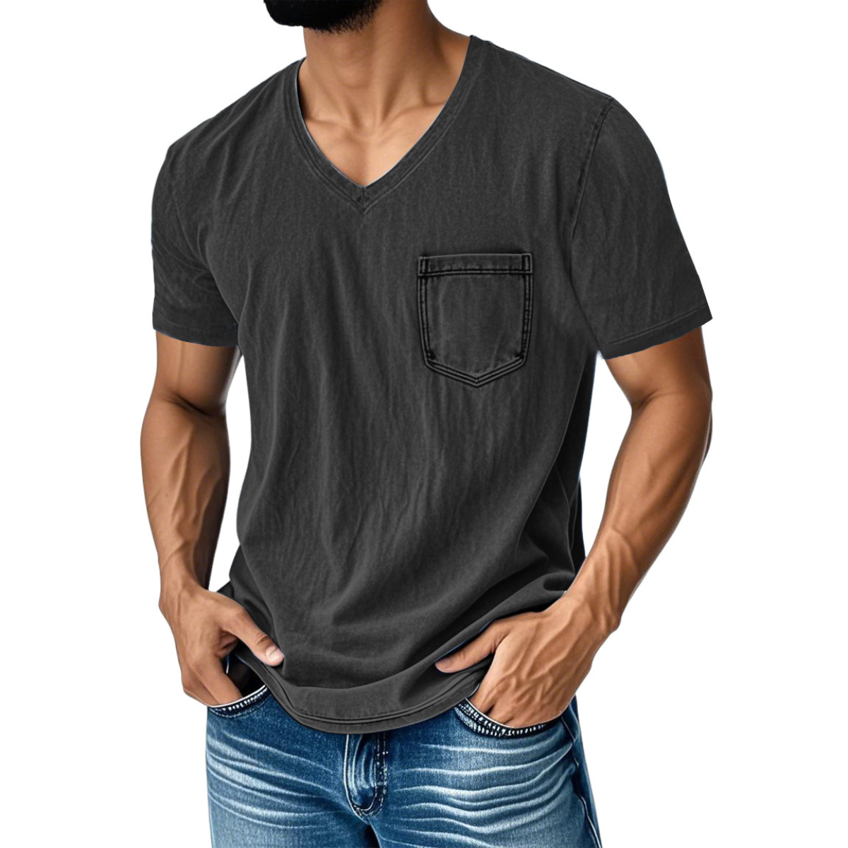 👔 50% kedvezmény 🔥 [40–120 kg] Férfi laza, bő szabású farmer póló — V-nyakú, rövid ujjú ✅ Utánvétes fizetés lehetséges ✅ Vásároljon 2-t, és 30% kedvezményt kap