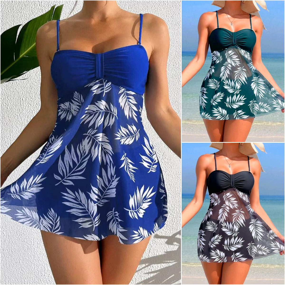 👙【40-100KG】Nové dvoudílné bikiny se síťovanou sukní a potiskem, plavkový set z rychleschnoucího materiálu