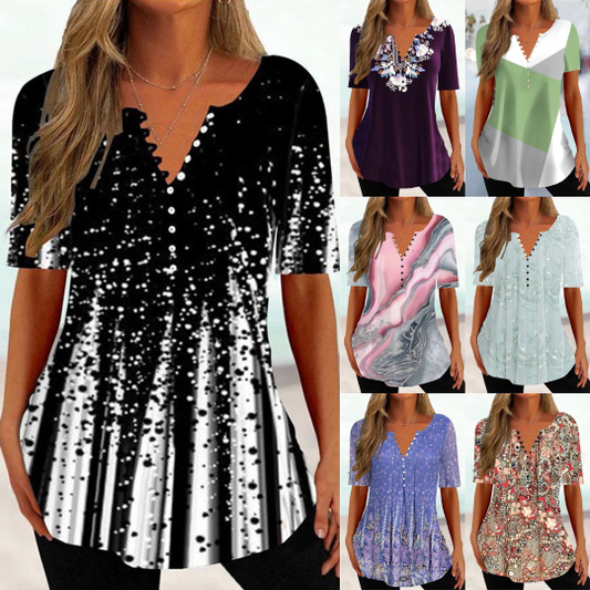 【🔥Vásároljon 1-et, kap 1-et ingyen】💟【M-6XL】Új nyári női, V-nyakú, rövid ujjú nyomtatott nyári felsők