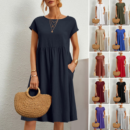 💖💖【50% zľava】【S-5XL】2025 Dámske bavlnené ľanové šaty s okrúhlym výstrihom a voľnými líniami