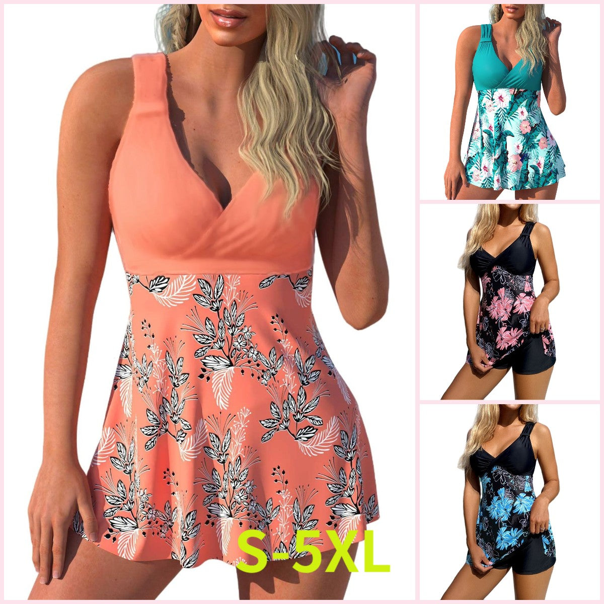 🌴🏖️🌈【50% zniżki 🔥】【S-5XL】😍 Duży damski zestaw kostiumów kąpielowych z nadrukiem, spodenki, spódniczka do pływania z odkrytymi plecami, szybkoschnący materiał