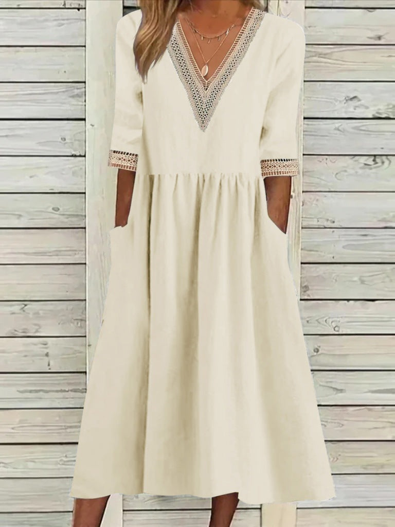 👗【S-2XL】Nové bavlněno-lněné šaty s výstřihem do V, prodyšné, pohodlné a zeštíhlující