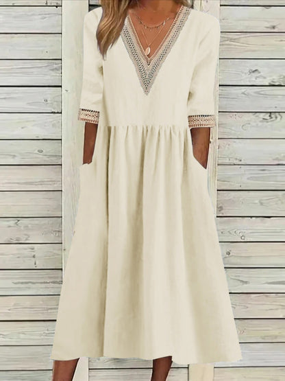 👗【S-2XL】Nové bavlněno-lněné šaty s výstřihem do V, prodyšné, pohodlné a zeštíhlující