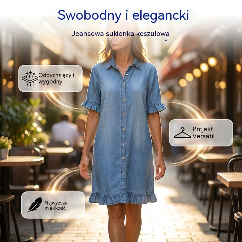 👔 Za pół ceny 🔥 [40–120 kg] Luźna, bardzo elastyczna sukienka koszulowa z denimu z falbankami ✅ Możliwa płatność przy odbiorze