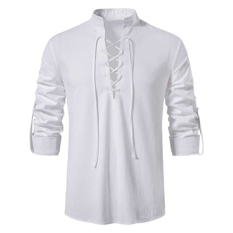 🔥👕【S-2XL】Pánská bavlněná a lněná košile s dlouhým rukávem se stojatým límečkem, volná a prodyšná