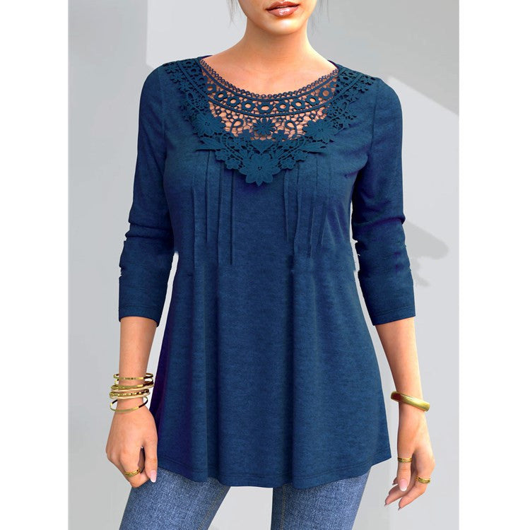 👚💕【S-5XL】Nové dámské módní tričko s dlouhým rukávem a vykrojenou krajkou