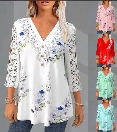 🔥【M–5XL】Elegáns csipke és sifon blúz – kivágott, 3/4-es ujjú és V-nyakú fazon