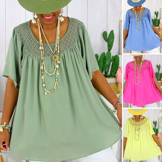 👚【XL-8XL】😍😍 Nowa, letnia, luźna, koronkowa odzież damska w jednolitym kolorze, w dużych rozmiarach