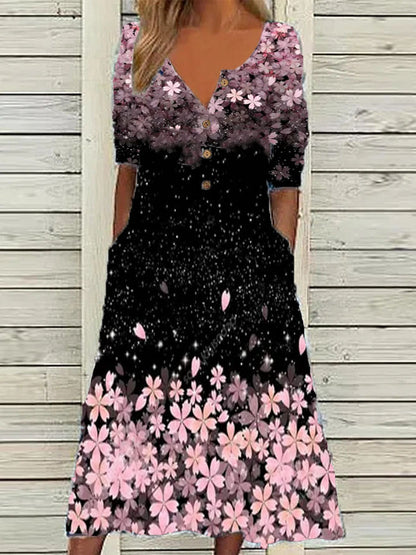 👗👗Tavaszi új, népszerű nyomott V nyakú rövid ujjú ruha