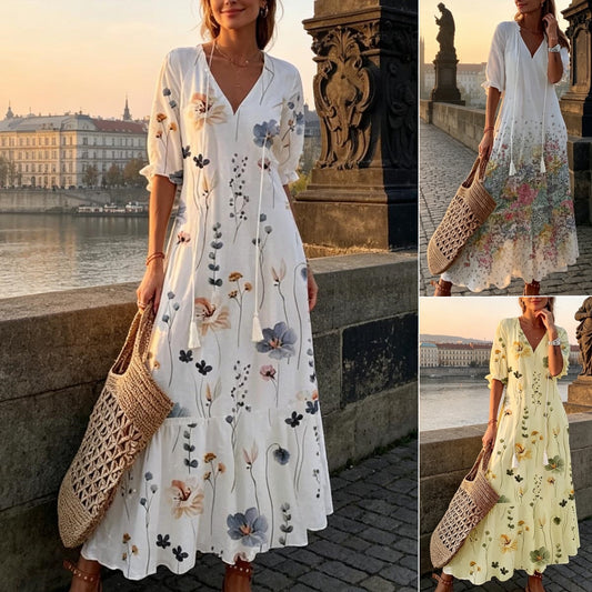 👗【S-3XL】Letní pohodlné šaty s výstřihem do V a potiskem, příjemné k pokožce, prodyšné a zeštíhlující