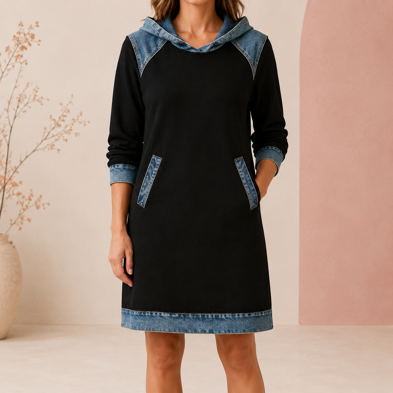🌷🌞 [S–3XL] Nova jesenska obleka iz džinsa s kapuco in paneli · Udobna · Vsakdanji stil · Ponudba za polovično ceno + hitra dostava