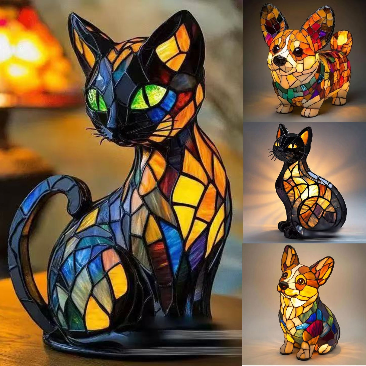 🐕🐱Kreatywna lampka stołowa w kształcie kota i psa, retro lampka nocna z delikatnym światłem, wykonana z kolorowej żywicy