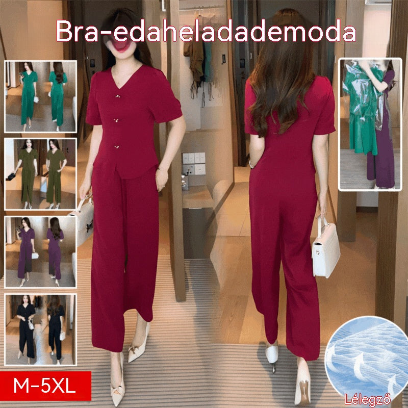 🌸【M-5XL】 Tavaszi divatos jégselyem női szett – Felső + bő szárú nadrág
