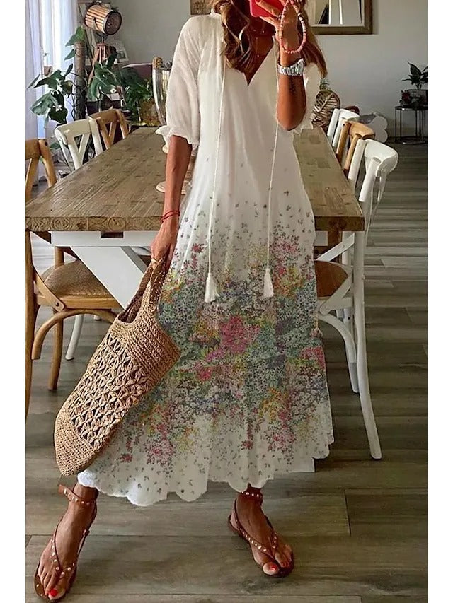 👗【S-3XL】Letní pohodlné šaty s výstřihem do V a potiskem, příjemné k pokožce, prodyšné a zeštíhlující