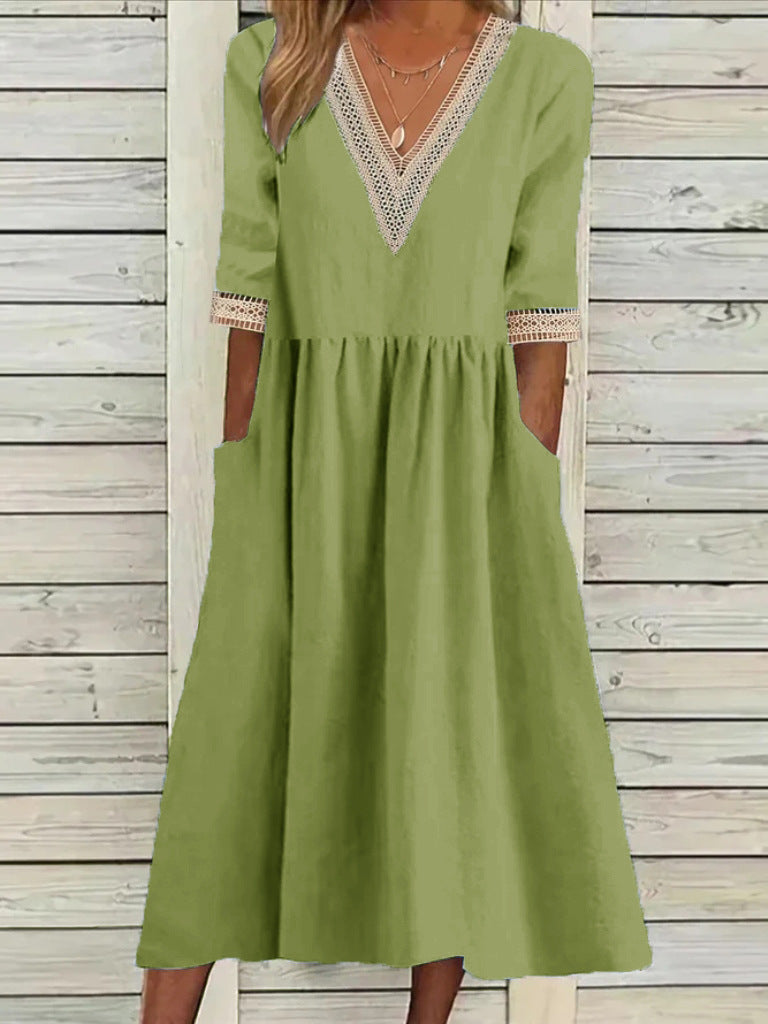 👗【S-2XL】Nové bavlněno-lněné šaty s výstřihem do V, prodyšné, pohodlné a zeštíhlující