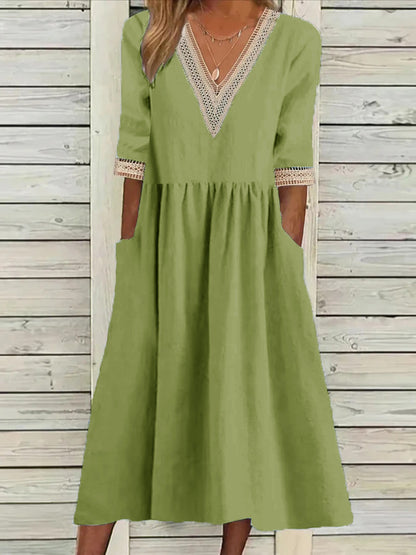 👗【S-2XL】Nové bavlněno-lněné šaty s výstřihem do V, prodyšné, pohodlné a zeštíhlující